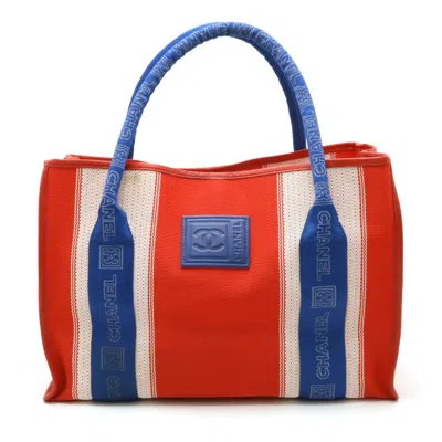 Pre-owned Chanel Blue Red Color White Nylon Canvas Leather Shoulder Bag Tote Bag ()