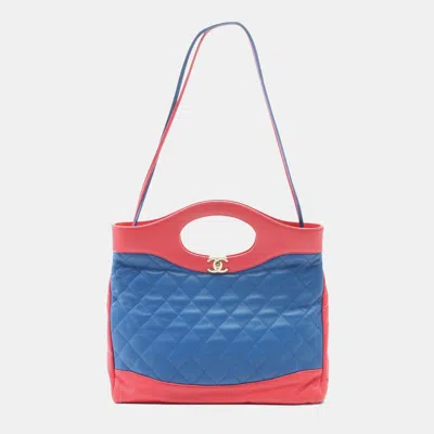 Pre-owned Chanel Blue Red Lambskin Cc Quilted 31 Shopping Large Bag