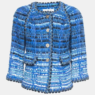 Pre-owned Chanel Blue Ribbon & Tweed Owl Button Jacket M