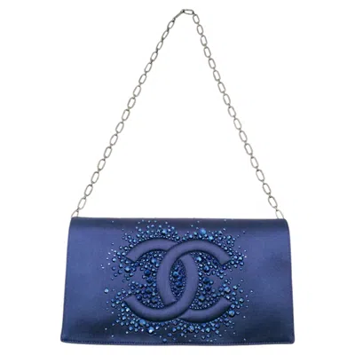 Pre-owned Chanel Blue Satin Clutch Crystals And Silver Chain