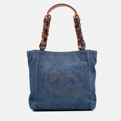 Pre-owned Chanel Blue Small Cc Stitched Denim Tote