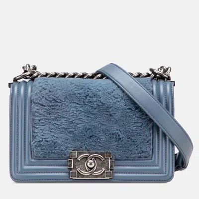 Pre-owned Chanel Blue Small Leather And Fur Boy Flap