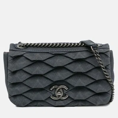 Pre-owned Chanel Blue Small Pleated Denim Scale Effect Turtle Flap
