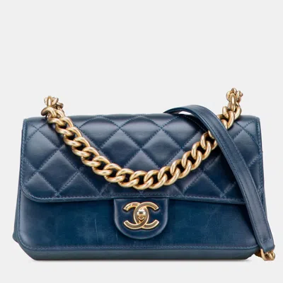 Pre-owned Chanel Blue Small Quilted Calfskin Straight Lined Flap