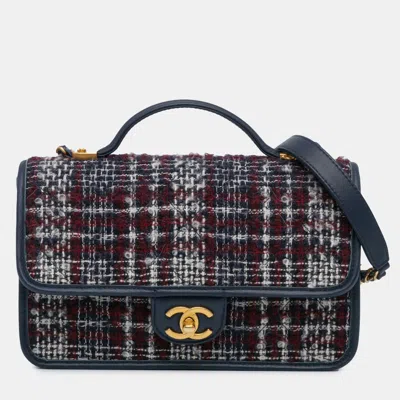 Pre-owned Chanel Blue Small Tweed School Memory Top Handle Flap