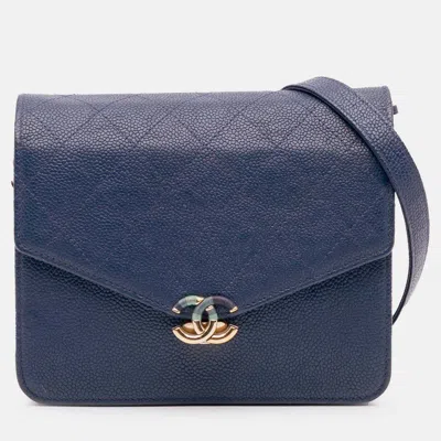 Pre-owned Chanel Blue Square Quilted Grained Calfskin Cuba Thread Around Wallet On Chain