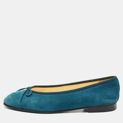 Pre-owned Chanel Blue Suede Cc Cap Toe Ballet Flats Size 37