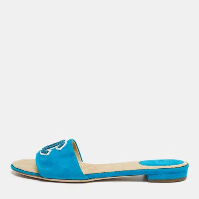 Pre-owned Chanel Blue Suede Cc Flat Slides Size 39