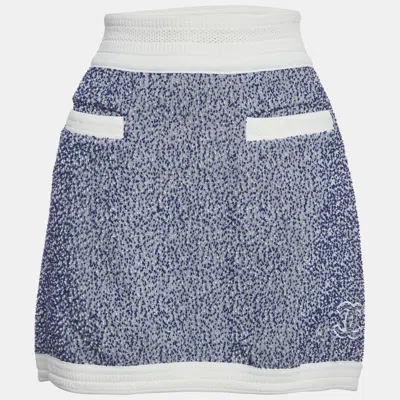 Pre-owned Chanel Blue Textured Knit Cc Applique Mini Skirt M