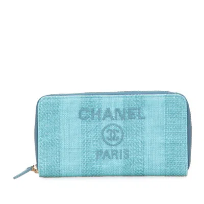 Pre-owned Chanel Blue Turquoise Canvas Long Wallet (bi-fold) () In Multi