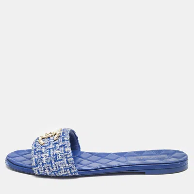 Pre-owned Chanel Blue Tweed Cc Quilted Flat Slides Size 41.5