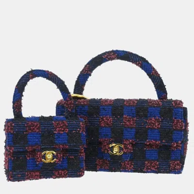 Pre-owned Chanel Blue Tweed Classic Single Flap 2 In 1 Handbag Set