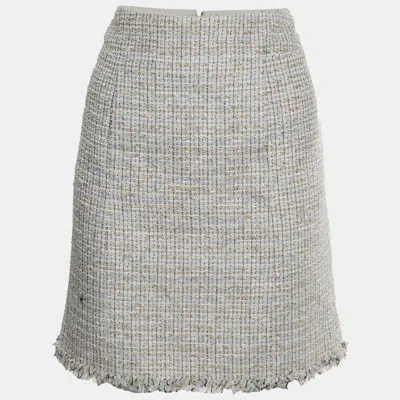 Pre-owned Chanel Blue Tweed Frayed Hem Mini Skirt L