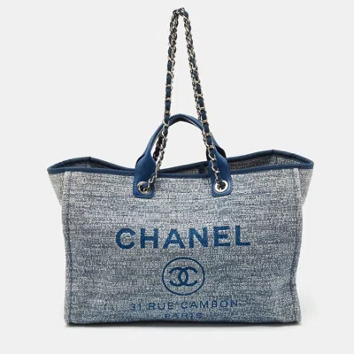 Pre-owned Chanel Blue Tweed Large Deauville Shopper Tote