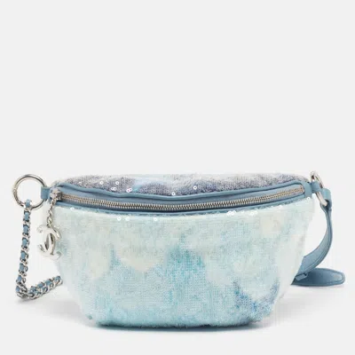 Pre-owned Chanel Blue Waterfall Sequins And Fabric Belt Bag