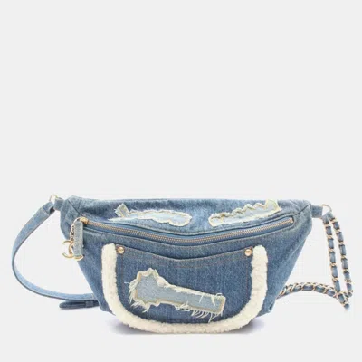 Pre-owned Chanel Blue White Denim Boa Belt Bag