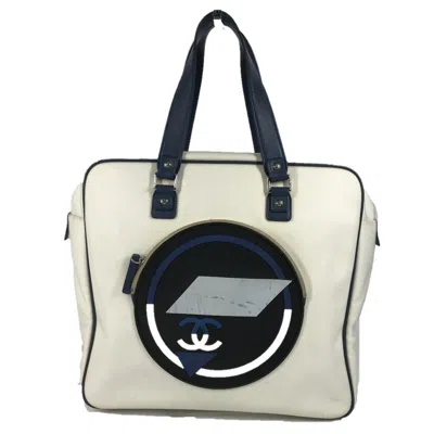 Pre-owned Chanel Blue White Leather Canvas Shoulder Bag Tote Bag () In Multi