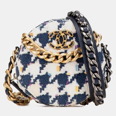 Pre-owned Chanel Blue White Tweed 19 Round Clutch With Chain