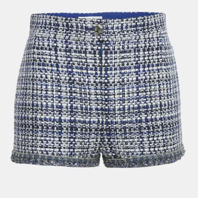 Pre-owned Chanel Blue /white Tweed Frayed Hem Mini Shorts M