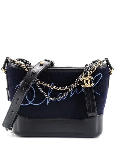 Pre-owned Chanel Blue Wool & Calfskin Paris-hamburg Gabrielle Hobo Embroidered Small  (authentic Pre-loved)