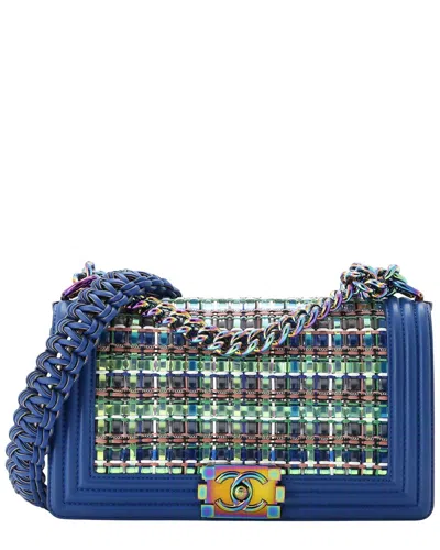 Pre-owned Chanel Blue Woven Pvc/lambskin Leather Iridescent Boy, Never Carried (authentic Pre-loved)