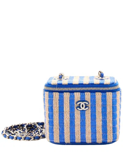 Chanel Blue/beige Raffia/jute Canvas Classic Chain Vanity Case