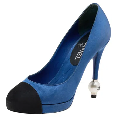 Pre-owned Chanel Blue/black Satin Pearl Embellished Heel Pumps Size 36.5