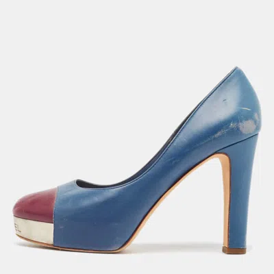 Pre-owned Chanel Blue/burgundy Leather Platform Pumps Size 39.5