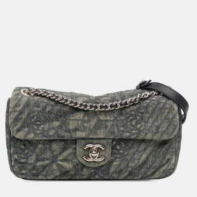 Pre-owned Chanel Blue/green Medium Embroidered Denim Camellia Flap