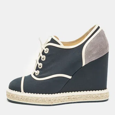 Pre-owned Chanel Blue/grey Fabric And Suede Wedge Sneakers Size 37