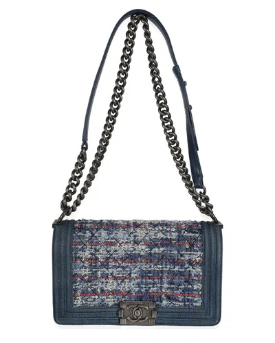 Pre-owned Chanel Blue/red/white Denim & Tweed Old Medium Boy Bag (authentic Pre-loved)