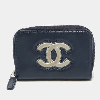 Pre-owned Chanel Blue/silver Leather Cc Zip Coin Purse