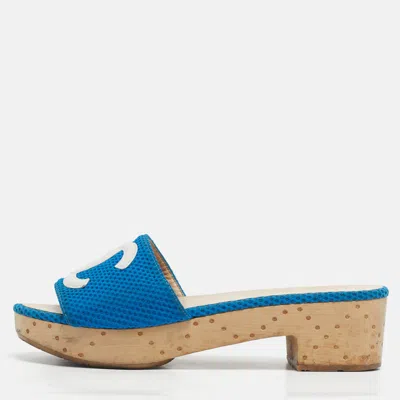 Pre-owned Chanel Blue/white Mesh And Leather Cc Logo Platform Slide Wooden Sandals Size 38