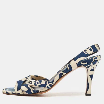 Pre-owned Chanel Blue/white Printed Canvas Slingback Sandals Size 39.5