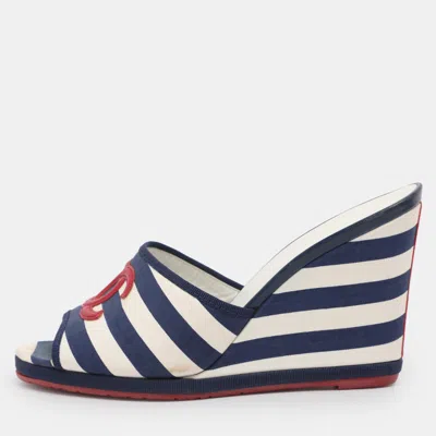 Pre-owned Chanel Blue/white Stripe Fabric Cc Slide Wedge Sandals Size 39.5