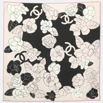 Pre-owned Chanel Blush/black Cc Camellia Silk Scarf In Pink