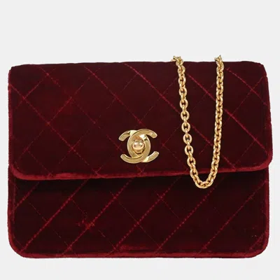Pre-owned Chanel Bordeaux Velvet Straight Flap Shoulder Bag In Red