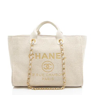Pre-owned Chanel Boucle Lurex Deauville Medium Tote In White