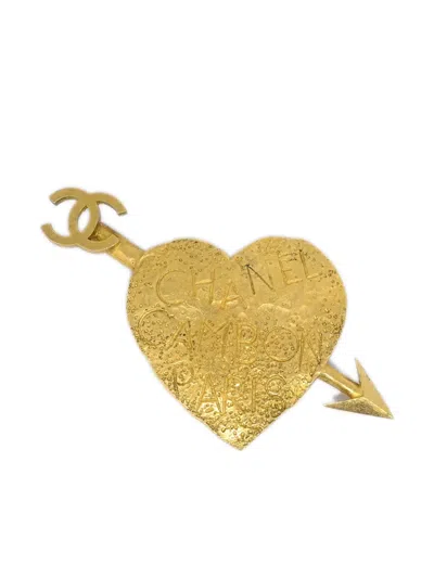 Pre-owned Chanel Bow & Arrow Heart Brooch In 金色