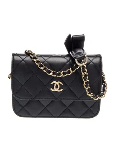 Pre-owned Chanel Bow Card Holder W/ Chain In Black