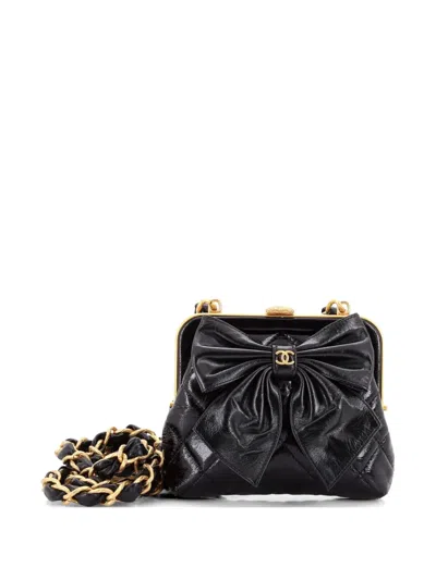 Pre-owned Chanel Bow Frame Clutch With Chain Quilted Patent With Lambskin Mini Crossbody Bag In Black