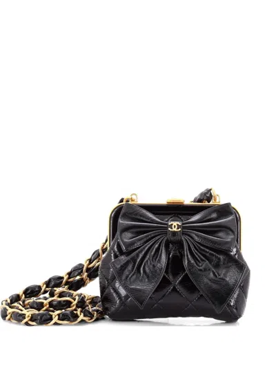 Pre-owned Chanel Bow Frame Clutch With Chain Quilted Patent With Lambskin Mini Crossbody Bag In Black