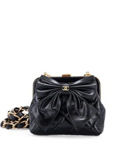 Pre-owned Chanel Bow Frame Clutch With Chain Quilted Patent With Lambskin Mini Crossbody Bag In Black