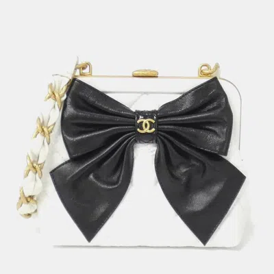 Pre-owned Chanel Bow Frame Mini White Black Lambskin Leather Clutch Bag