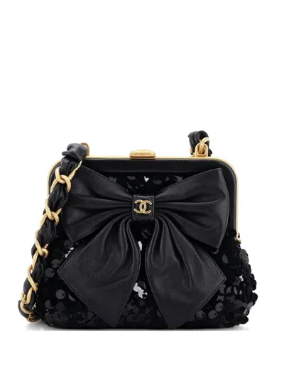 Pre-owned Chanel Bow Frame With Chain Sequin Embellished Tweed With Leather Mini Clutch Bag In Black