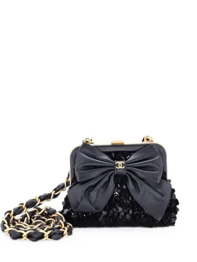 Pre-owned Chanel Bow Frame With Chain Sequin Embellished Tweed With Leather Mini Clutch Bag In Black