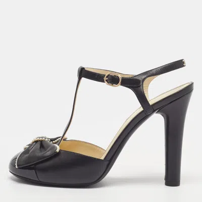 Pre-owned Chanel Bow Size 38 Black Leather And Patent Bow Pearl Embellished Ankle Strap Pumps