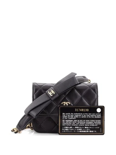 Pre-owned Chanel Bow Strap Card Holder On Chain Quilted Lambskin Clutch Bag In Black