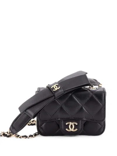 Pre-owned Chanel Bow Strap Card Holder On Chain Quilted Lambskin Clutch Bag In Black