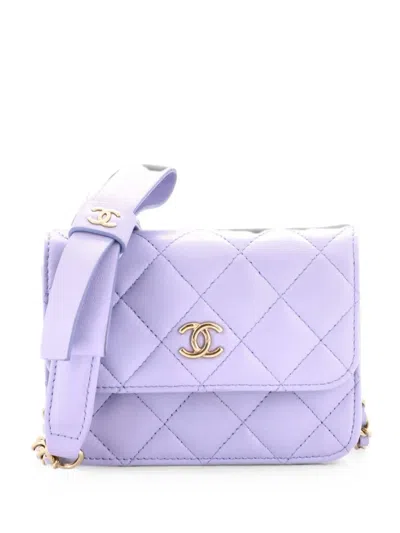Pre-owned Chanel Bow Strap Card Holder On Chain Quilted Lambskin Clutch Bag In Purple